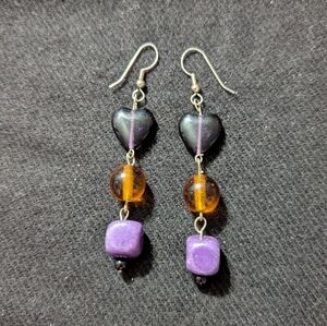 Silver Tone Purple and Amber Brown Heart Beaded Dangle Drop Statement Earrings